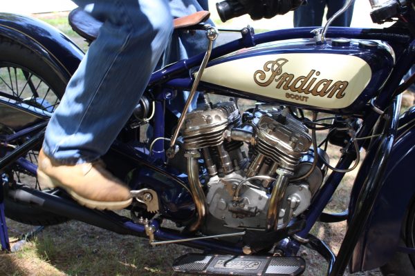 Jim Garripoli kicks his 1930 Indian 101 Scout